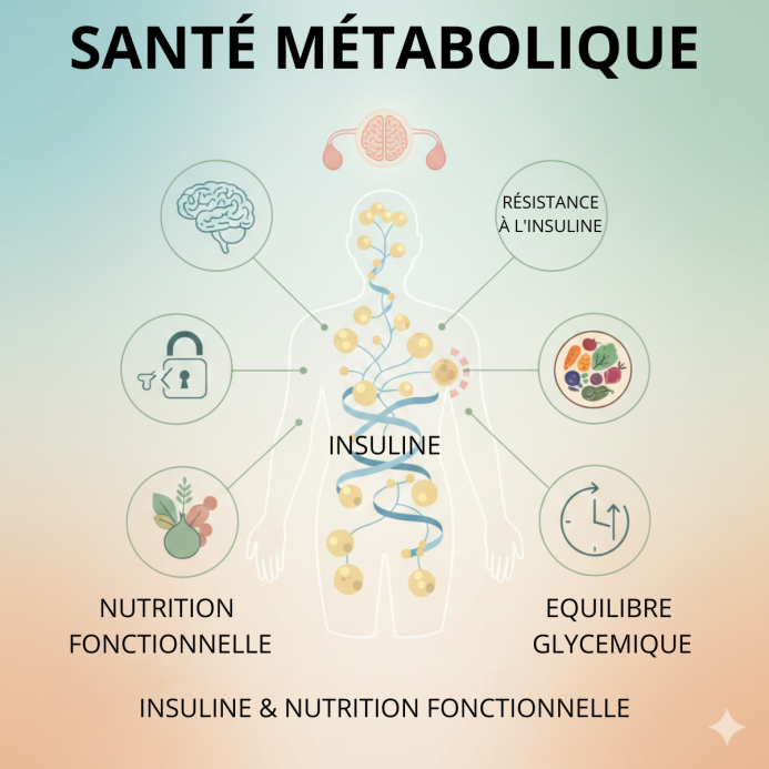 Schéma pédagogique illustrant le rôle de l’insuline, de l’équilibre glycémique et de la nutrition fonctionnelle dans la santé métabolique